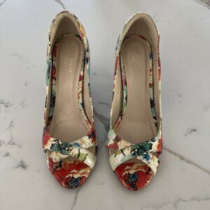 COLE HAAN SNAKE FLORAL PRINT LEATHER OPEN TOE PUMP